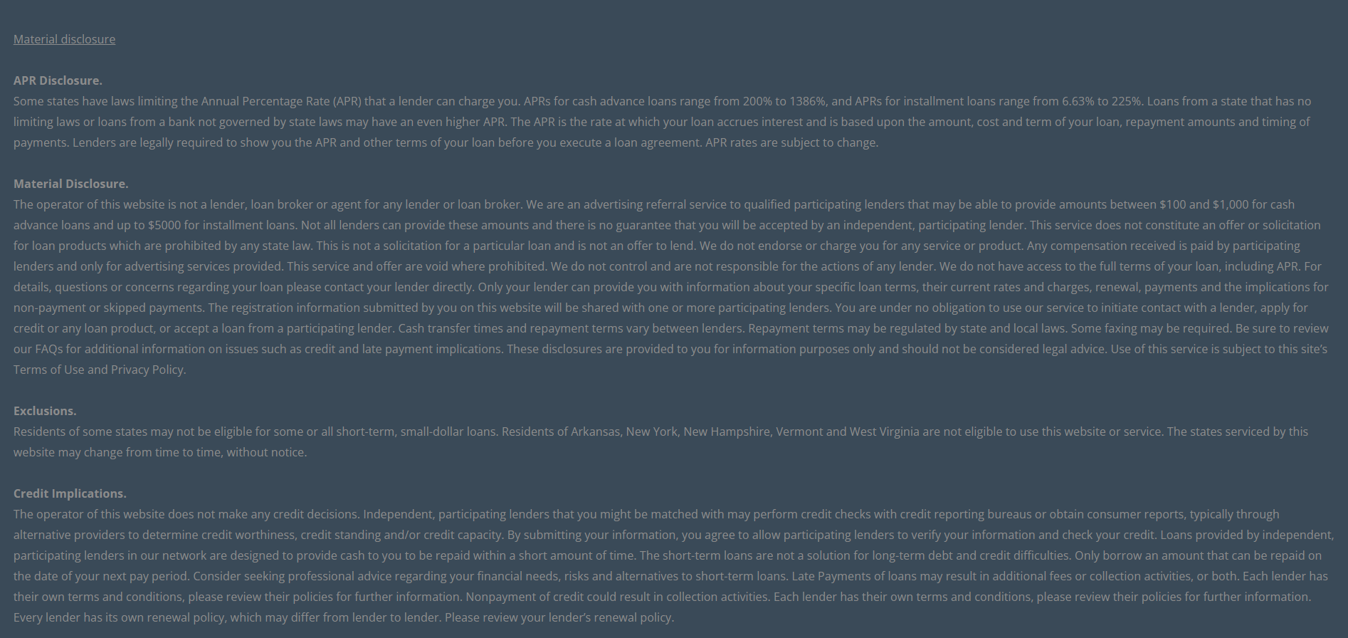 Material disclosure for payday loans in Lexington Kentucky